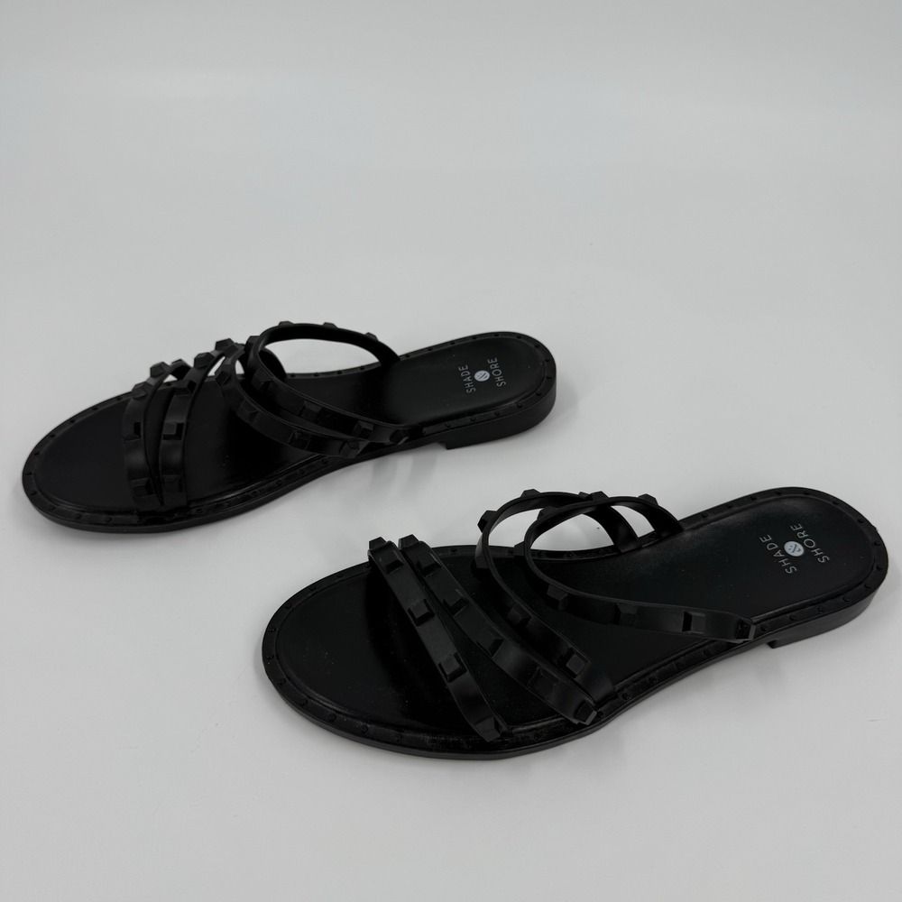 Shade & Shore Womens Size 7 Black Studded Strappy Flat Sandals Slip On